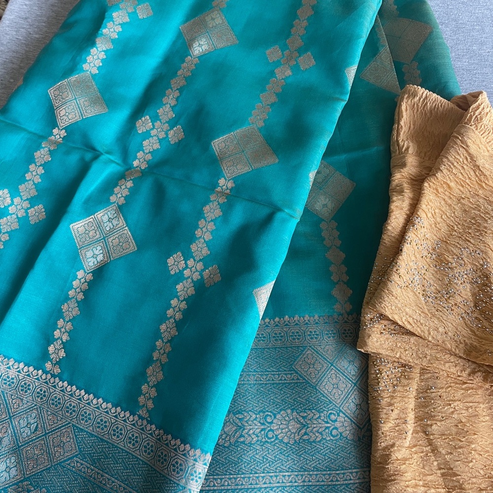 Turquoise and Gold saree with blouse